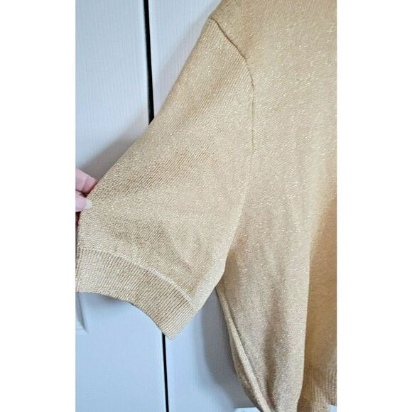 St. John L Vintage Gold Metallic Santana Knit SS Zip Back Sweater Mock Neck - Picture 3 of 5